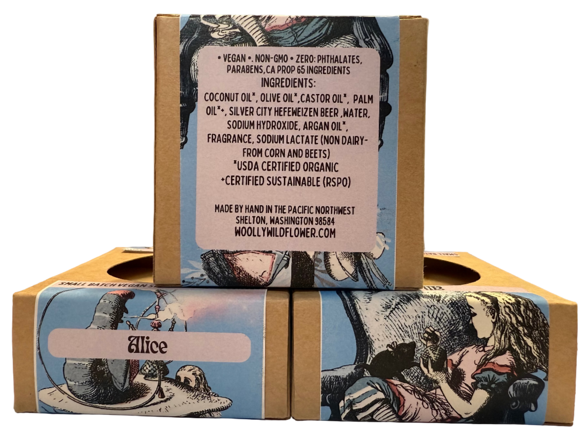 Product packaging with artistic design and text on a neutral background