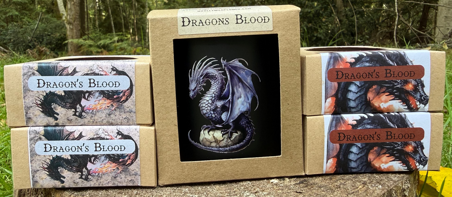Dragon's Blood product packaging with a dragon illustration on a natural background