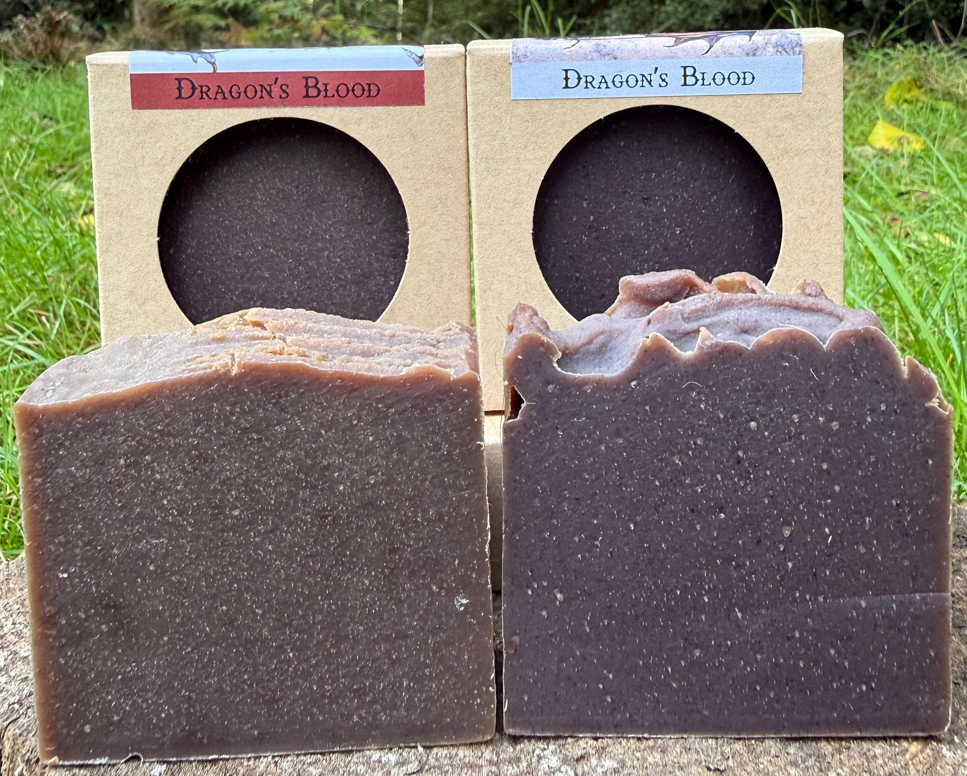 Two bars of 'Dragon's Blood' soap in front of their packaging in a forest setting.