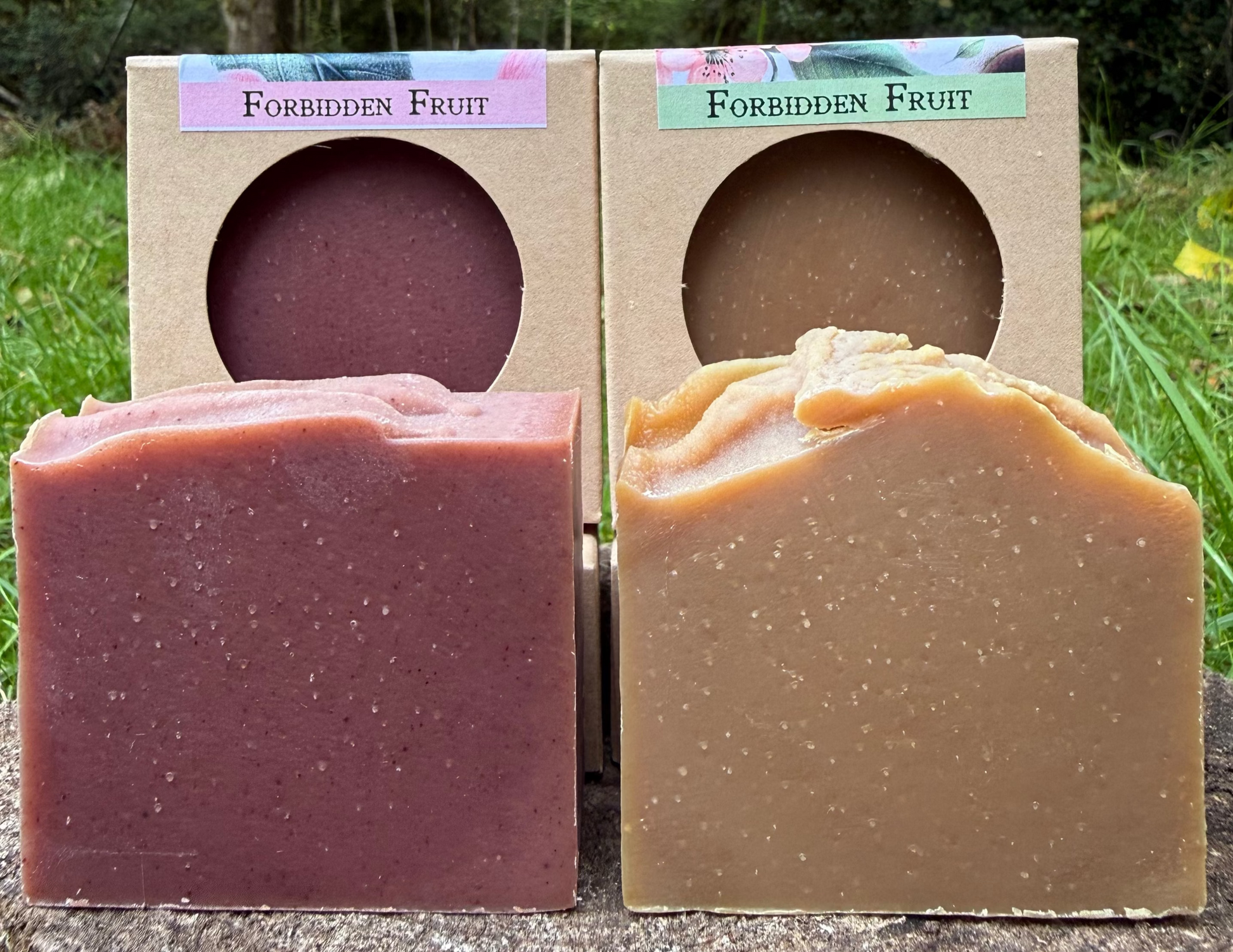 Two bars of soap, one purple and one brown, in 'Forbidden Fruit' packaging against a natural background.