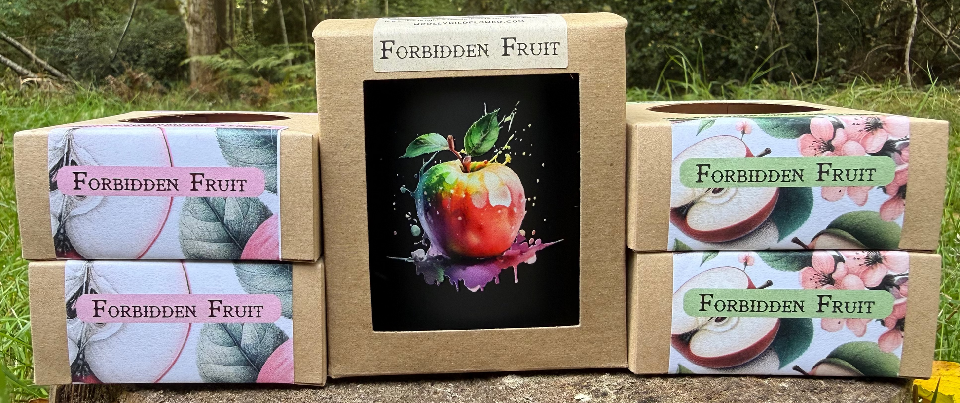 Forbidden Fruit product packaging with a forest background