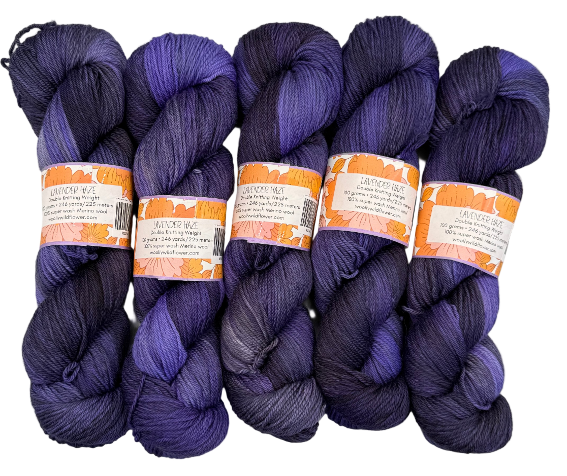 Five skeins of purple yarn with labels on a light gray background