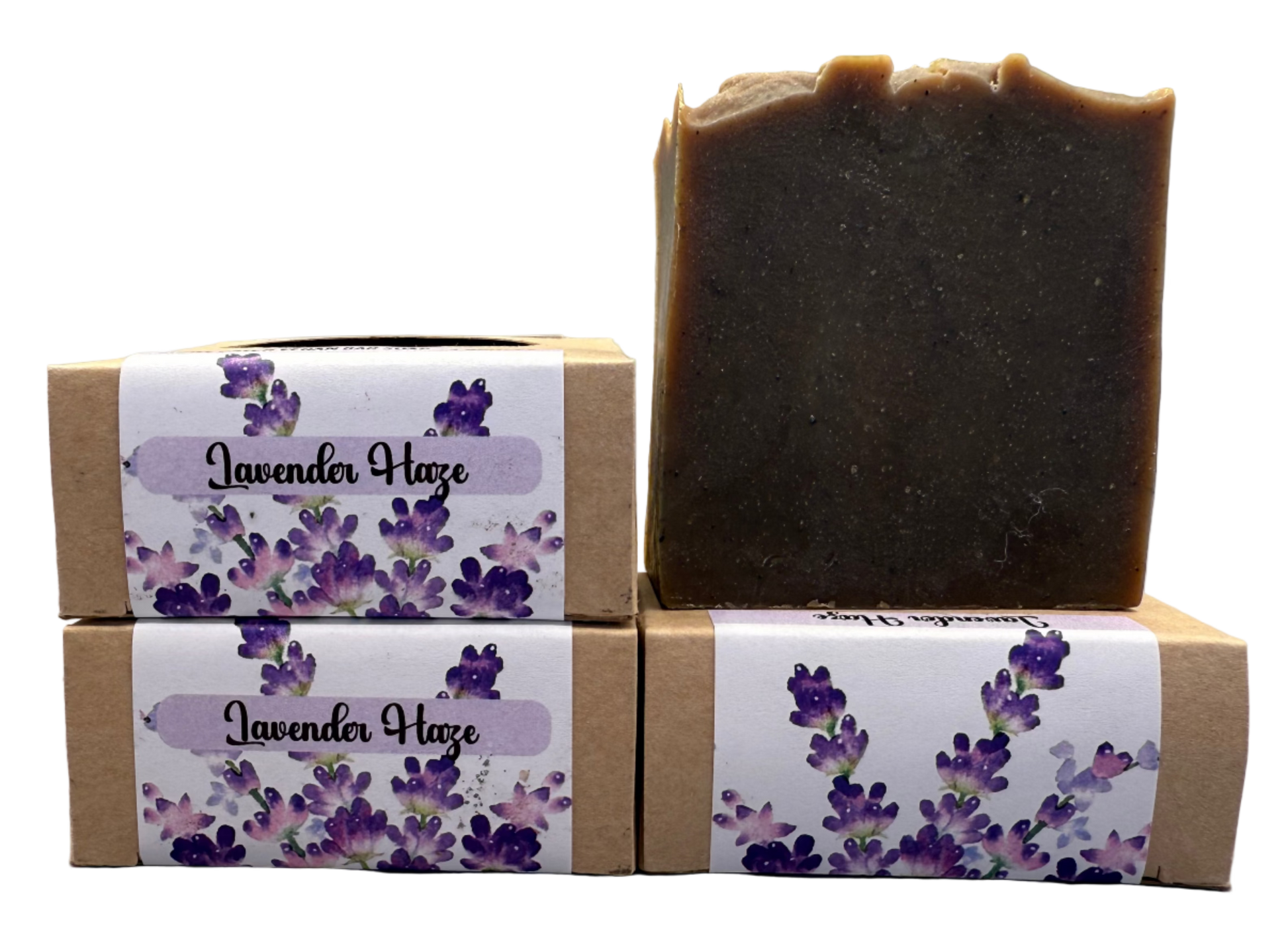 Bar of soap with 'Lavender Haze' packaging on a gray background