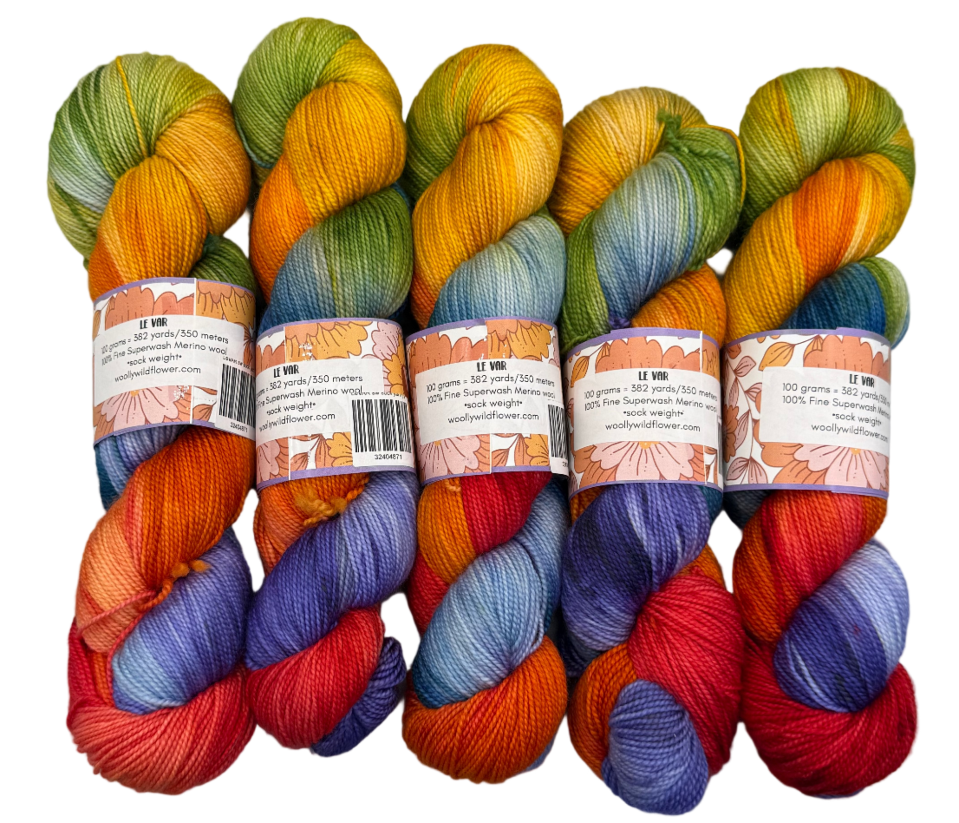 Five skeins of multicolored yarn on a gray background