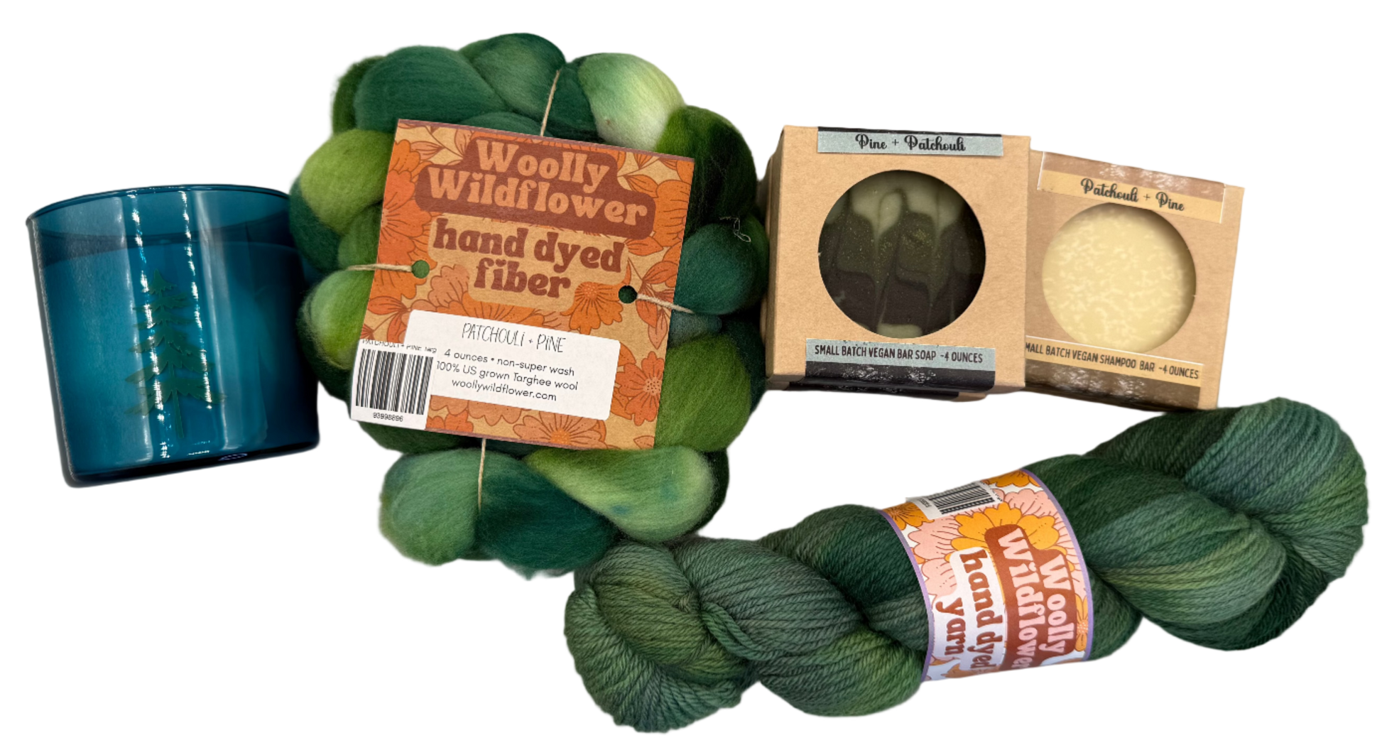Green hand-dyed yarn with packaging on a gray surface
