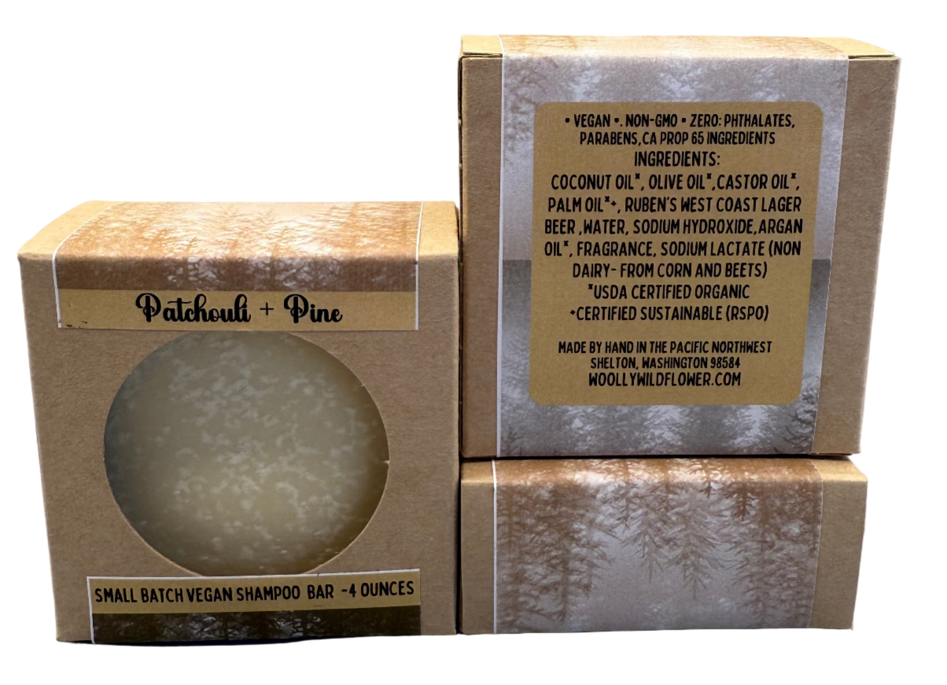 Vegan shampoo bar in packaging with visible label on a gray background