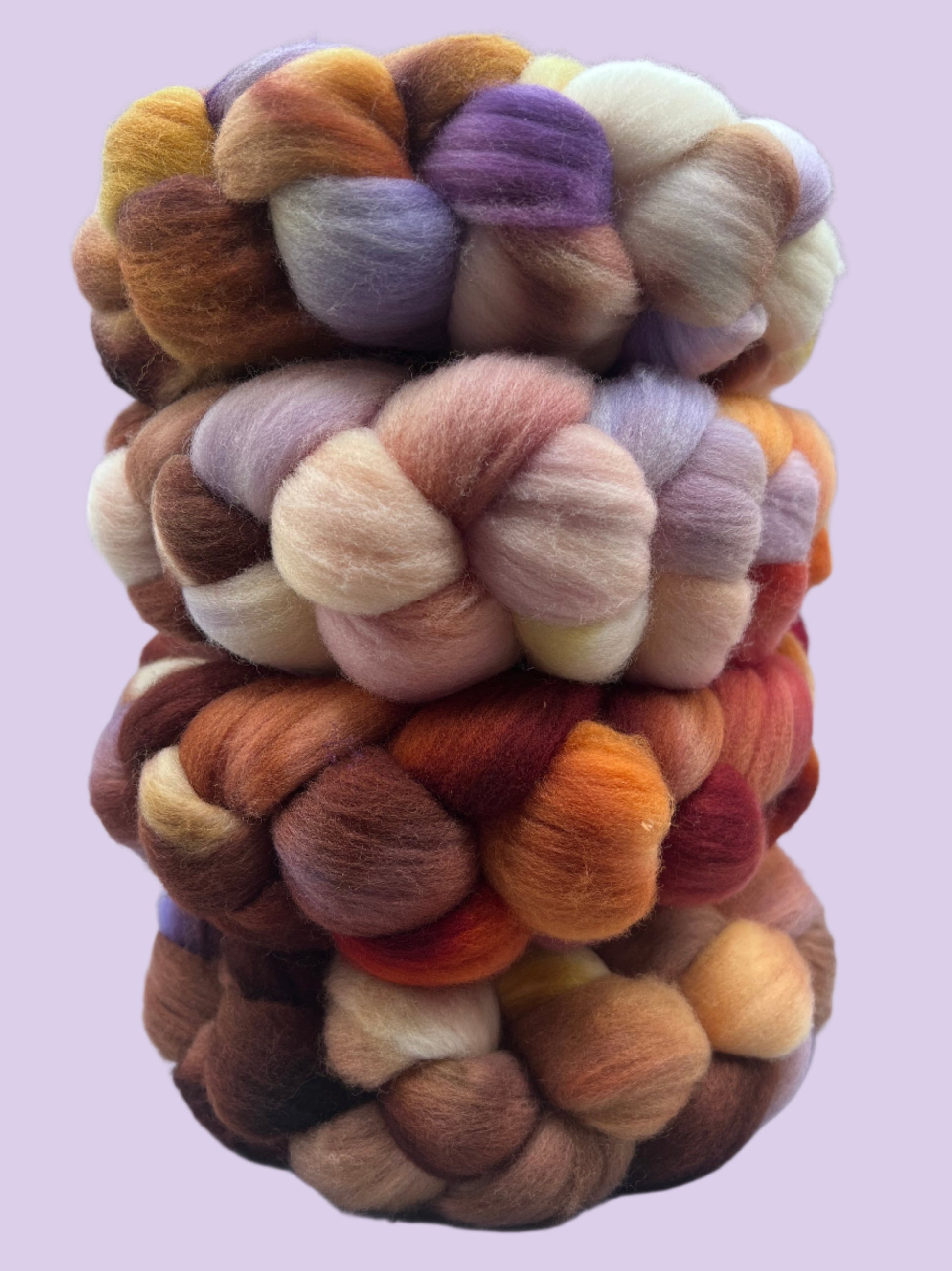 A bundle of Rambouillet fiber in various colors including red, orange, brown, and purple, indicative of the pumpkin and fig colorway.