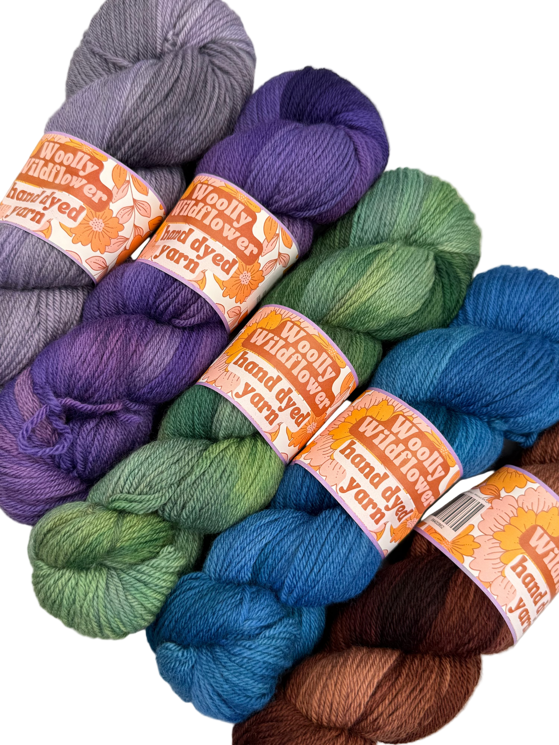 Assorted skeins of colorful yarn with 'Woolly Willows' labels on a white background