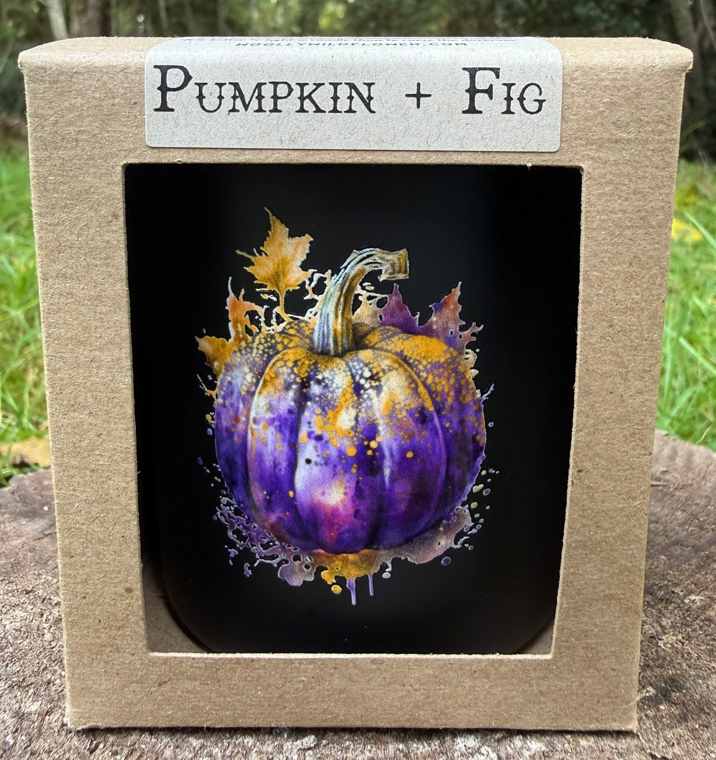 Box with a purple pumpkin design and 'Pumpkin + Fig' label outdoors.