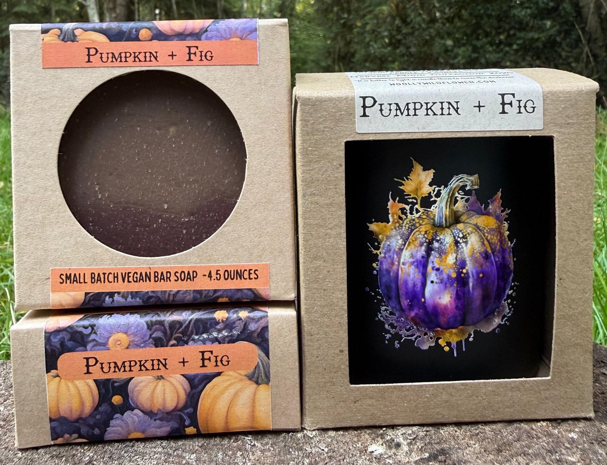 Pumpkin and Fig soap packaging with a forest background