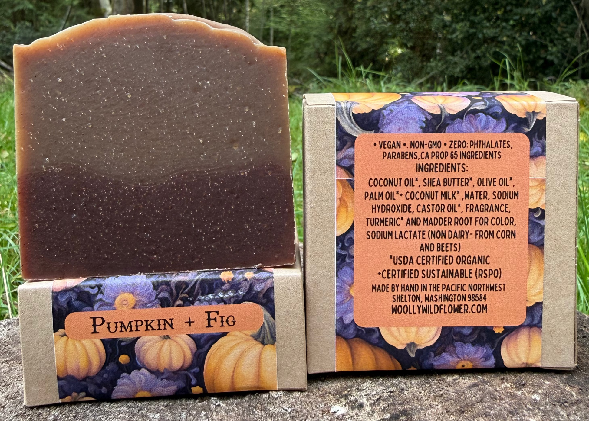 Bar of soap with packaging labeled 'Pumpkin + Fig' against a natural background