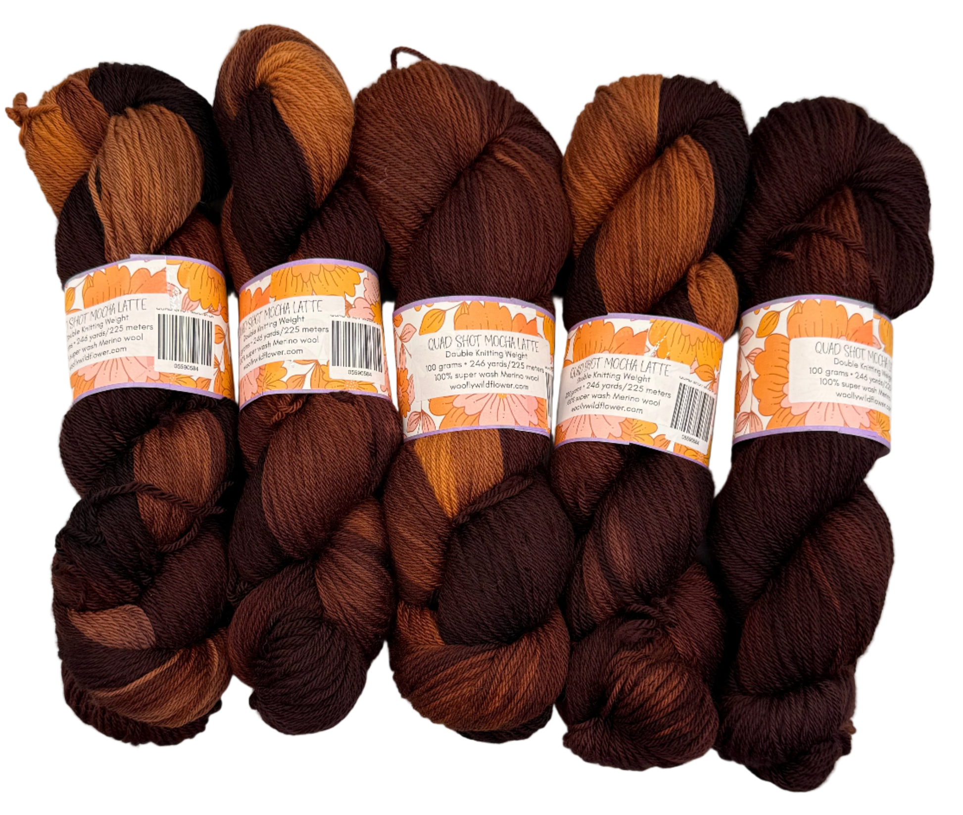 Five skeins of brown yarn with labels on a white background