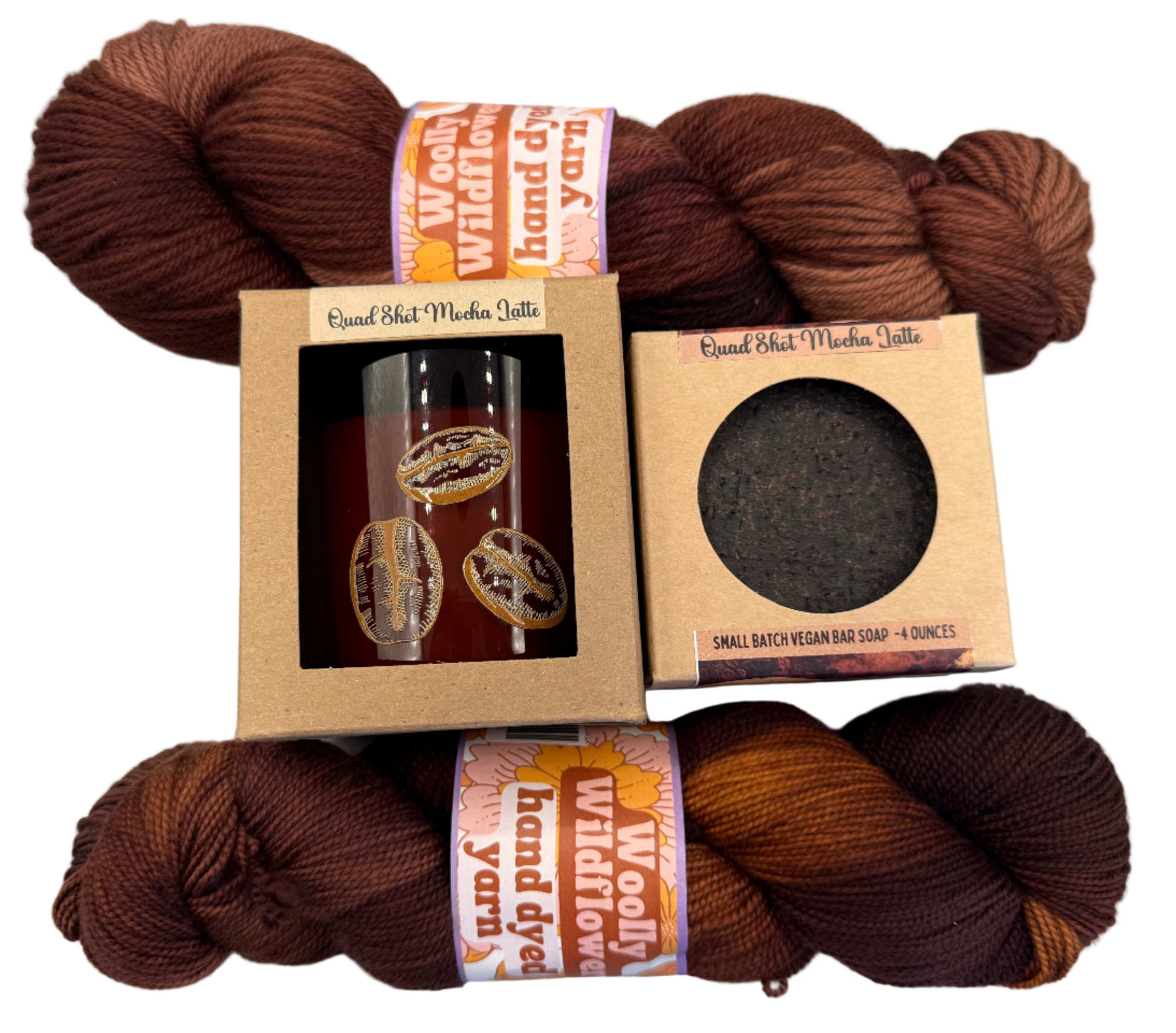 Brown yarn skeins with branded packaging on a light gray background