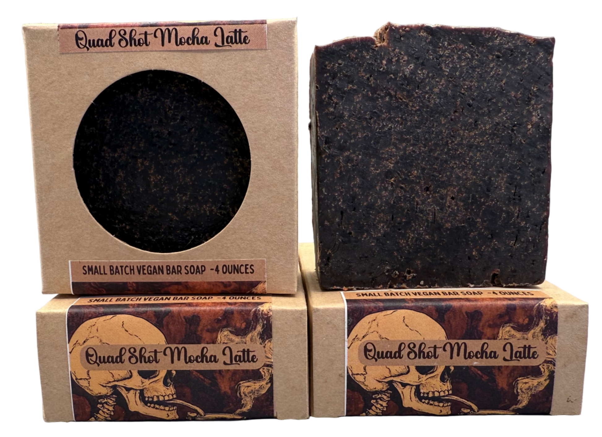 Two soap bars and their packaging with 'Quad Shot Mocha Latte' branding on a gray background.
