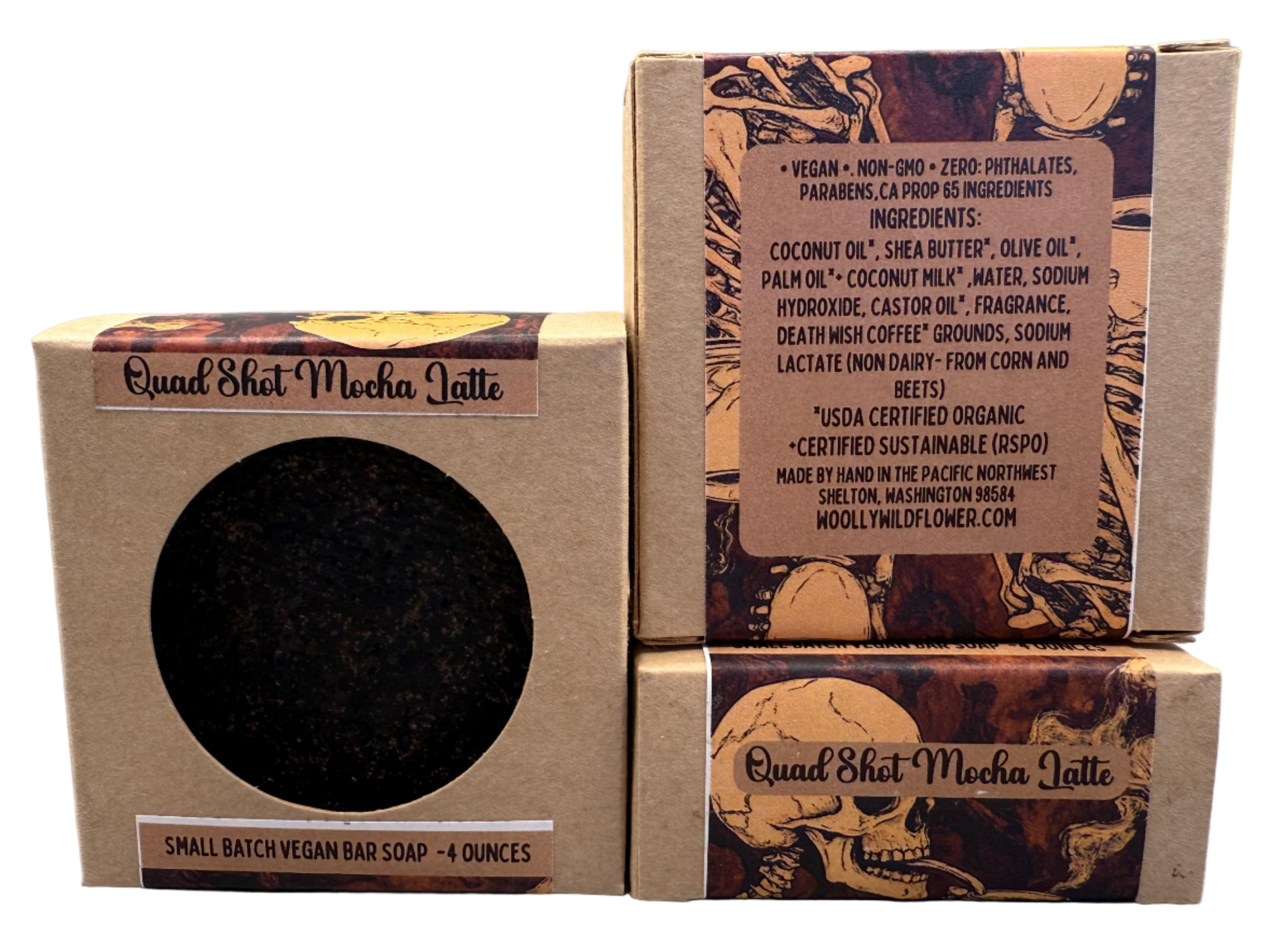 Three cardboard boxes with a soap bar inside on a gray background