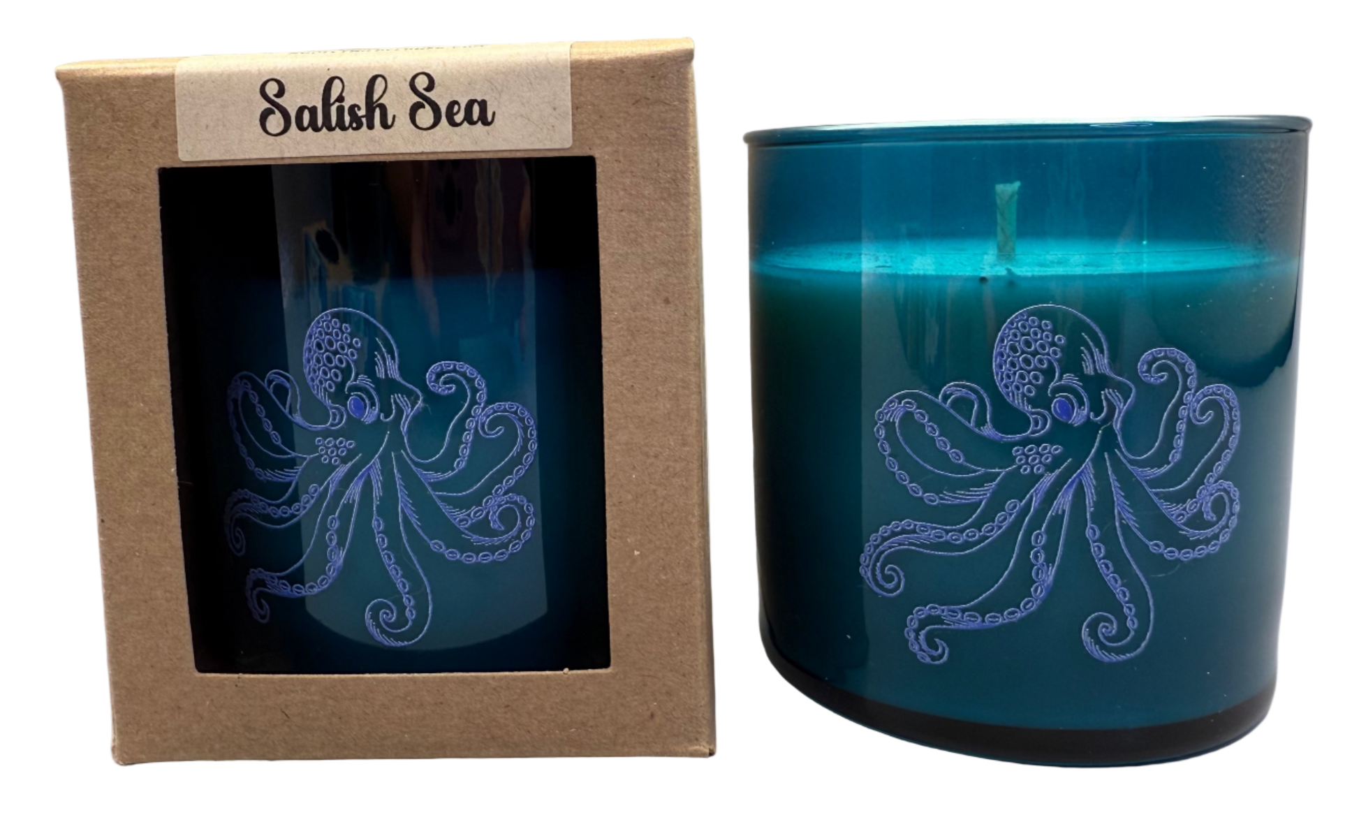 Blue candle with octopus design and packaging labeled 'Salish Sea' on a white background