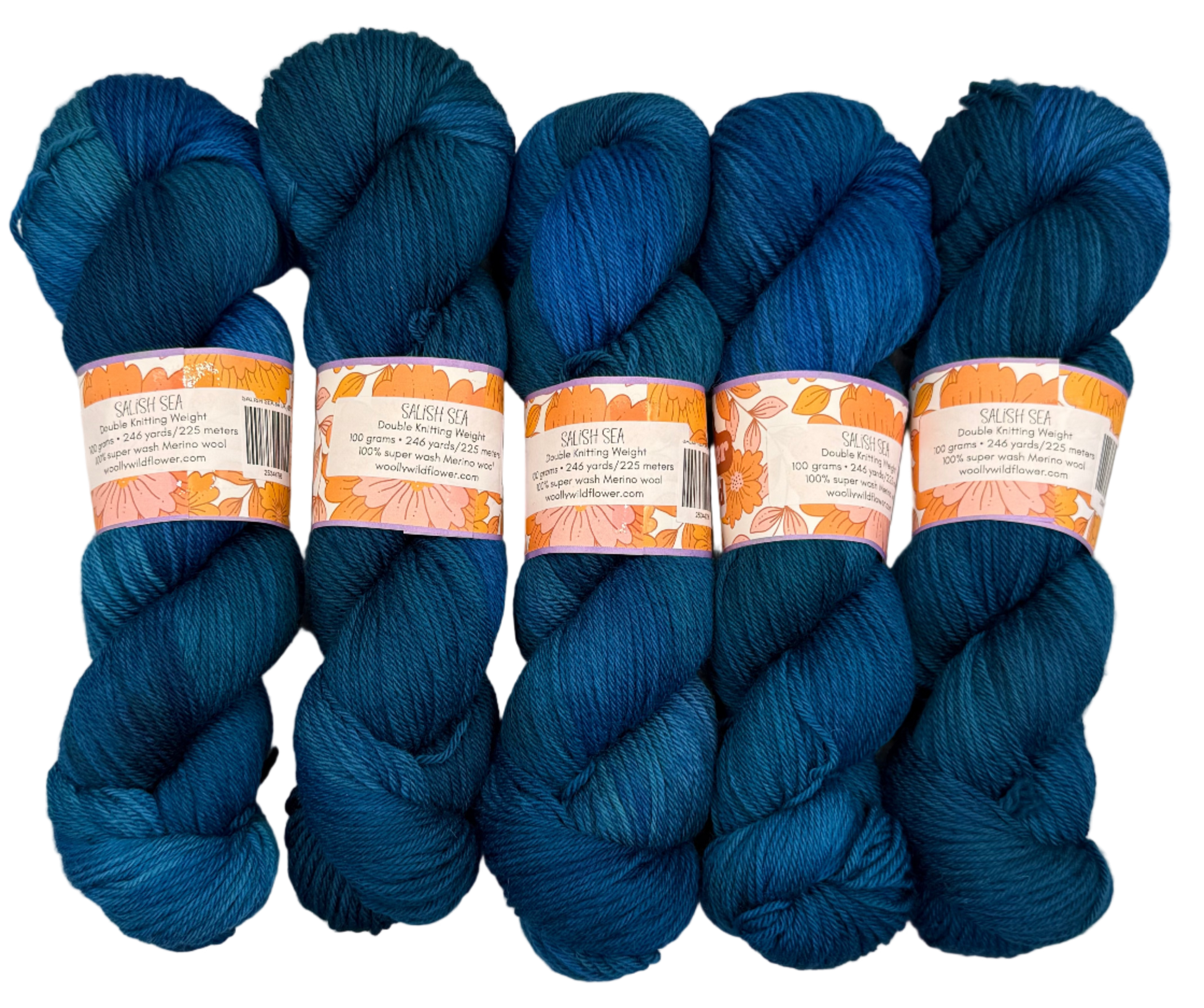Five skeins of blue yarn with labels on a light gray background