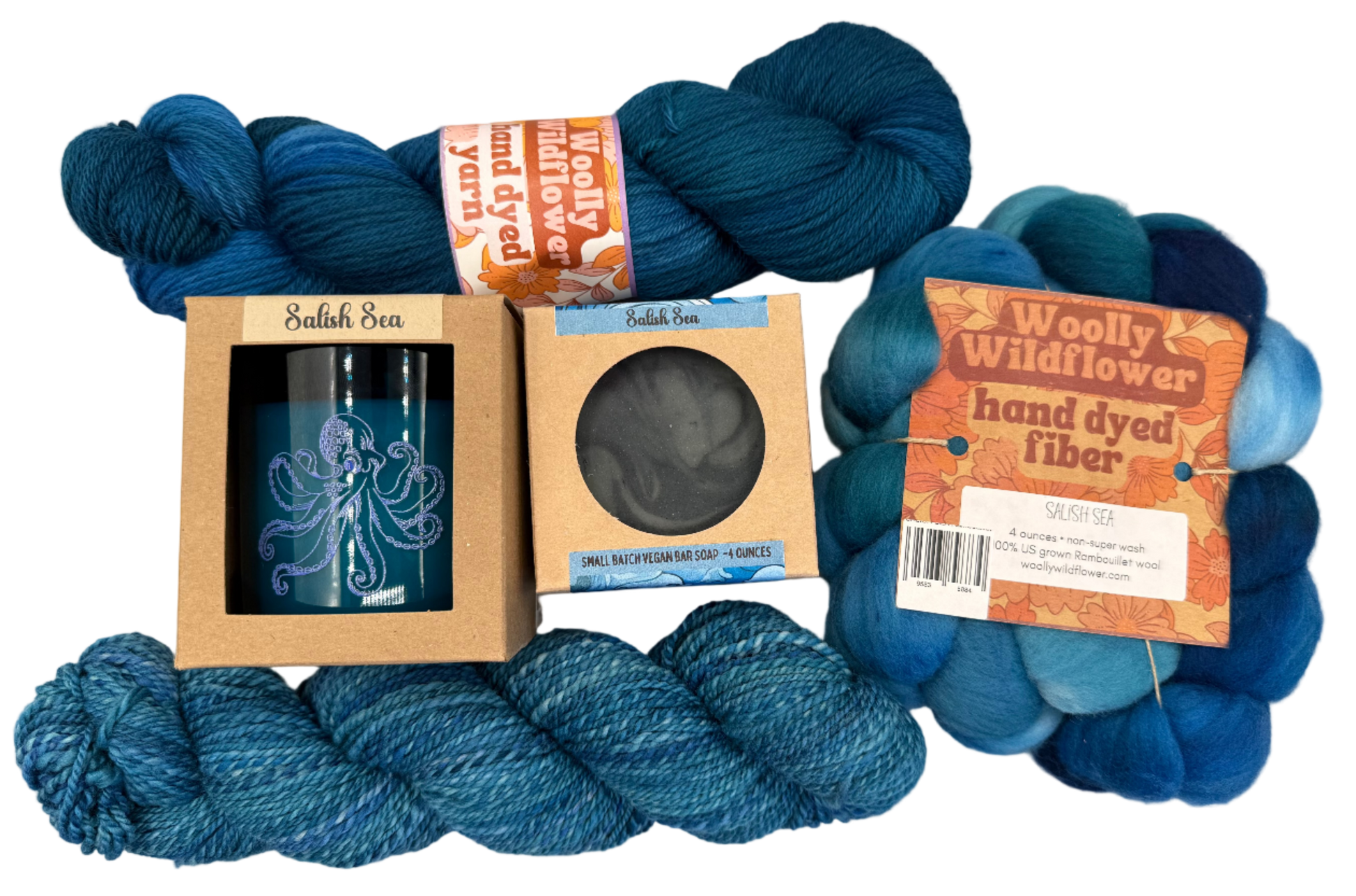 Blue yarn skeins with packaging and labels on a light gray background