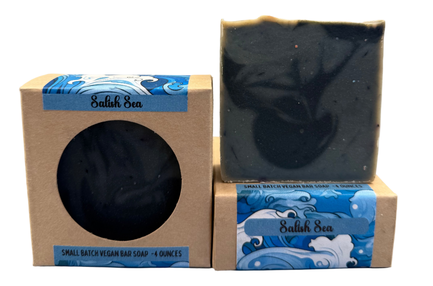 blue soap bar in a cardboard box with blue wave design on a gray background