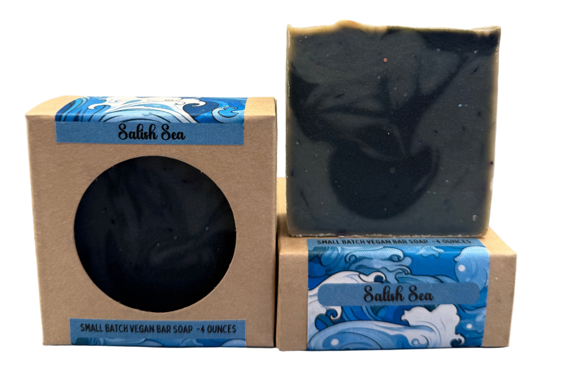 blue soap bar in a cardboard box with blue wave design on a gray background