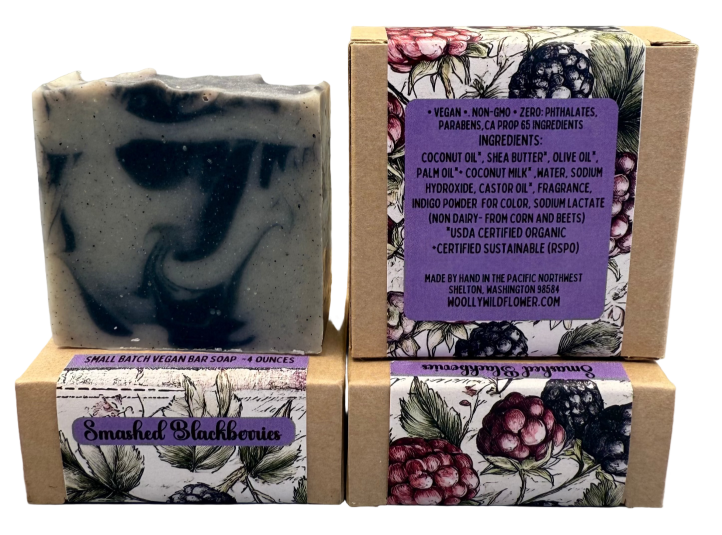 Bar of soap with a floral packaging label on a gray background