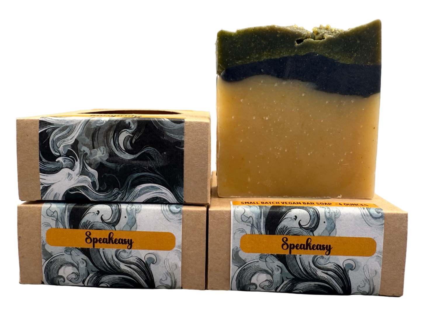 Two stacked soap bars with Speakeasy branding on a gray background
