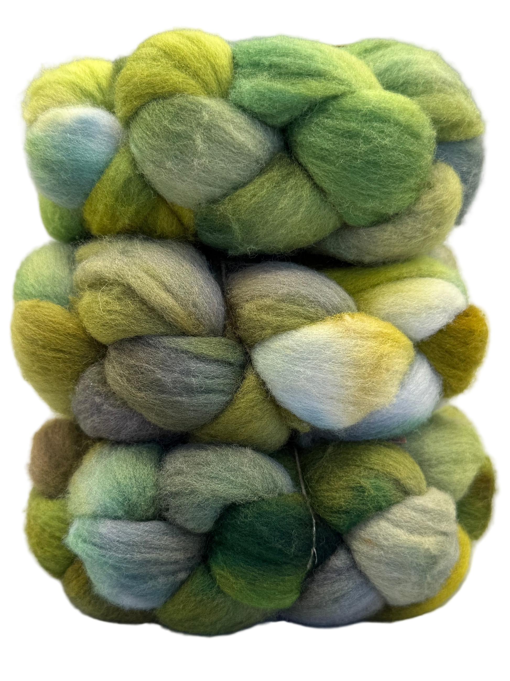 Braided skein of multicolored fiber in greens and brown tones