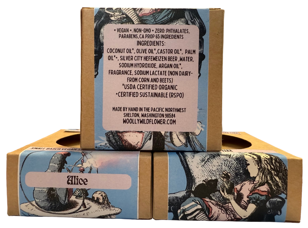 Product packaging with artistic design and text on a neutral background