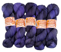 Five skeins of purple yarn with 'Woolly Wildflowers' labels on a white background