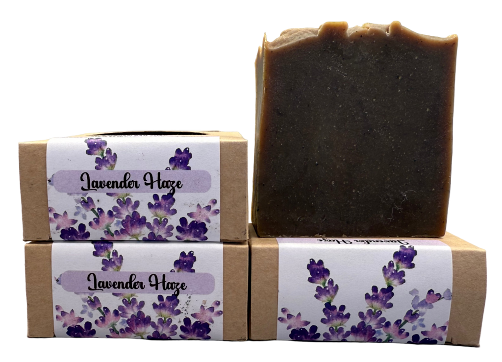 Bar of soap with 'Lavender Haze' packaging on a gray background