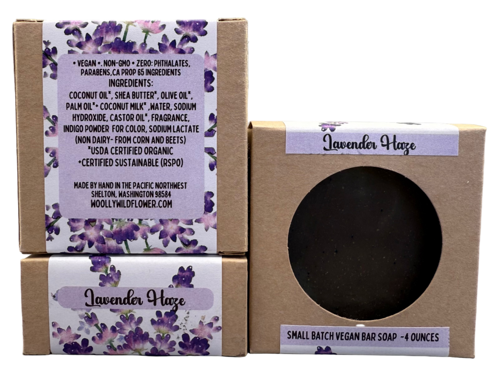 Lavender Haze soap bar in a cardboard box with a purple label on a gray background