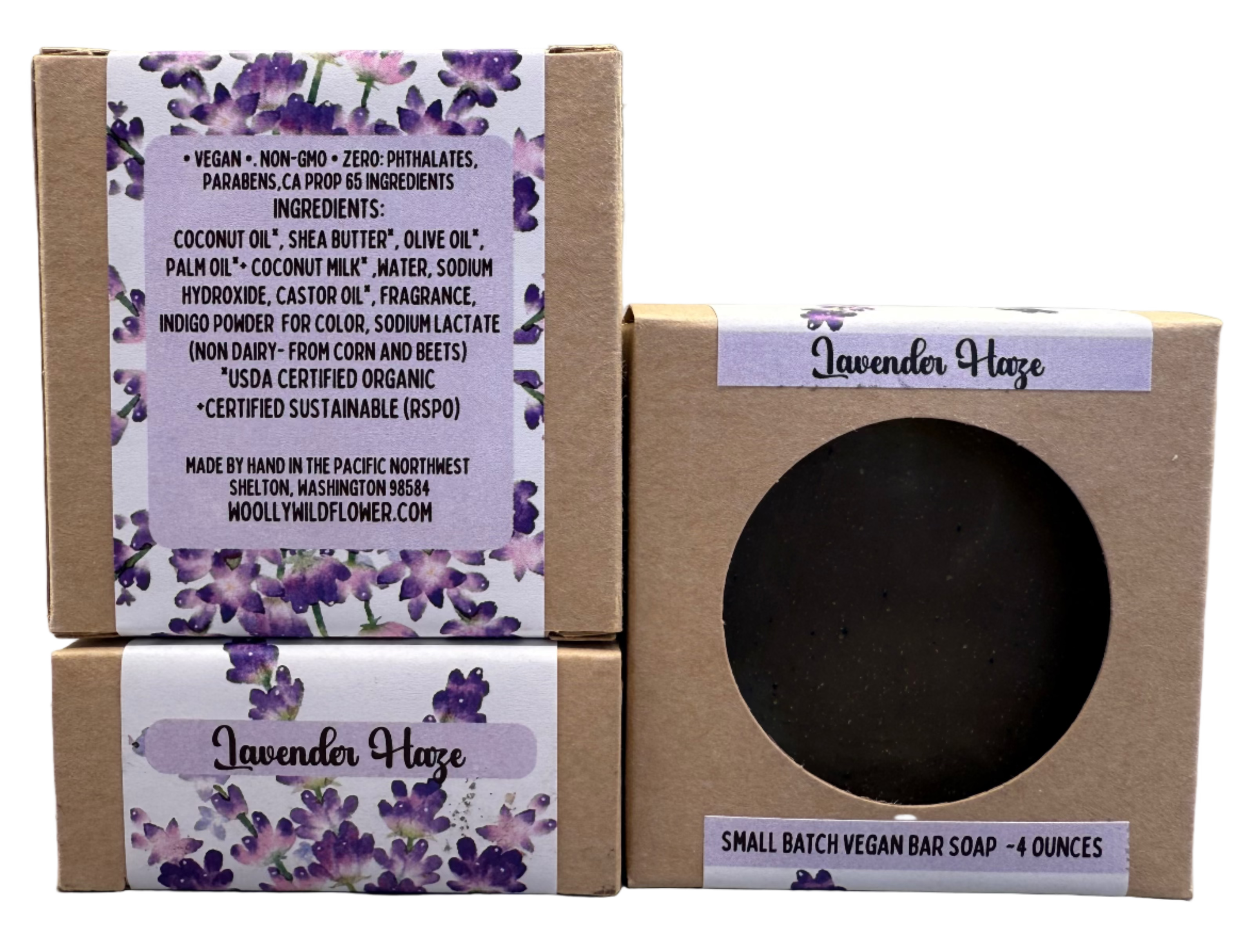 Lavender Haze soap bar in a cardboard box with a purple label on a gray background
