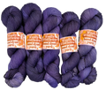 Four skeins of purple yarn with orange labels on a light gray background