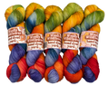 Five skeins of colorful hand-dyed yarn with 'Woolly Wildflower' labels on a light gray background.