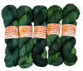 Five skeins of green hand-dyed yarn with 'Woolly Wildflower' labels on a white background.