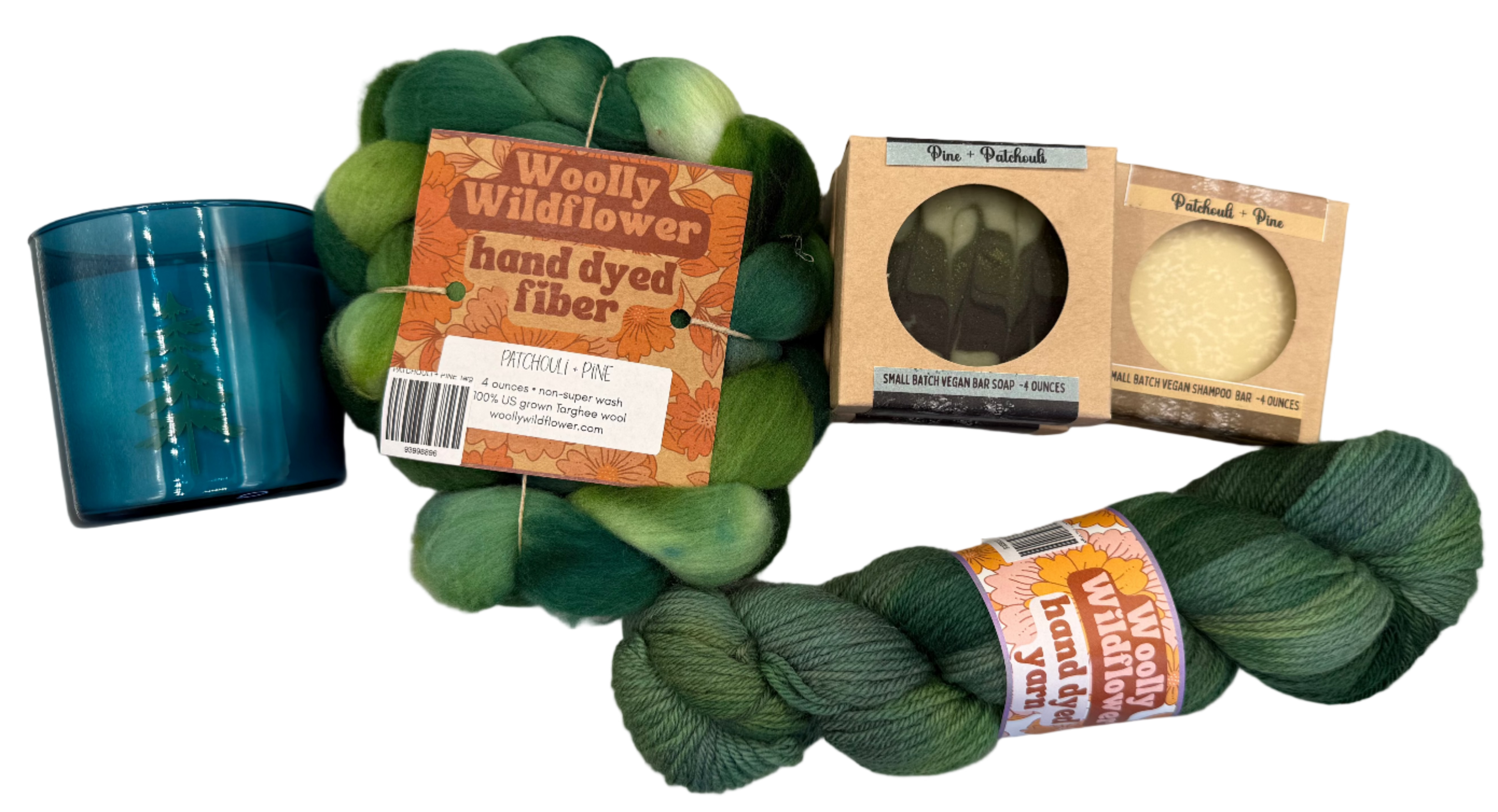 Green hand-dyed yarn with packaging on a gray surface