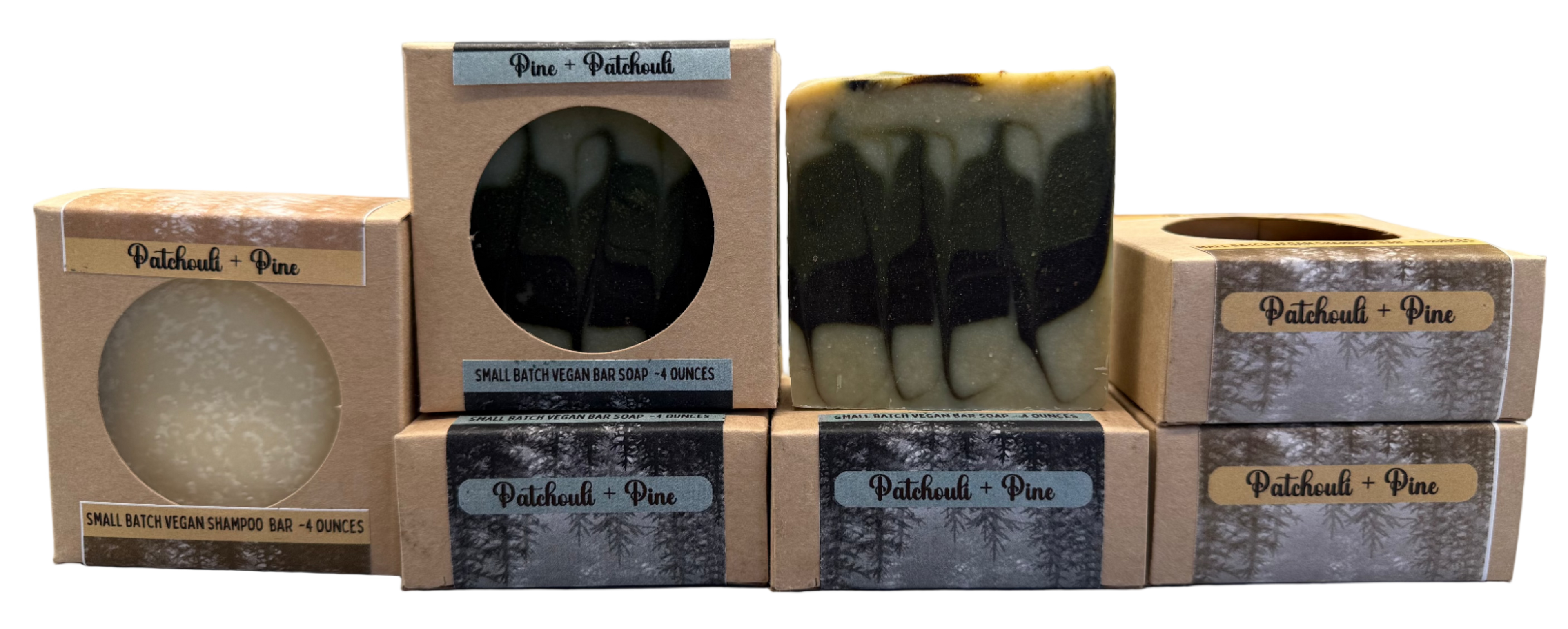 Bar of soap with packaging labeled 'Patchouli + Pine' on a neutral background