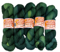 Four skeins of green hand-dyed yarn with 'Woolly Wildflowers' labels on a white background