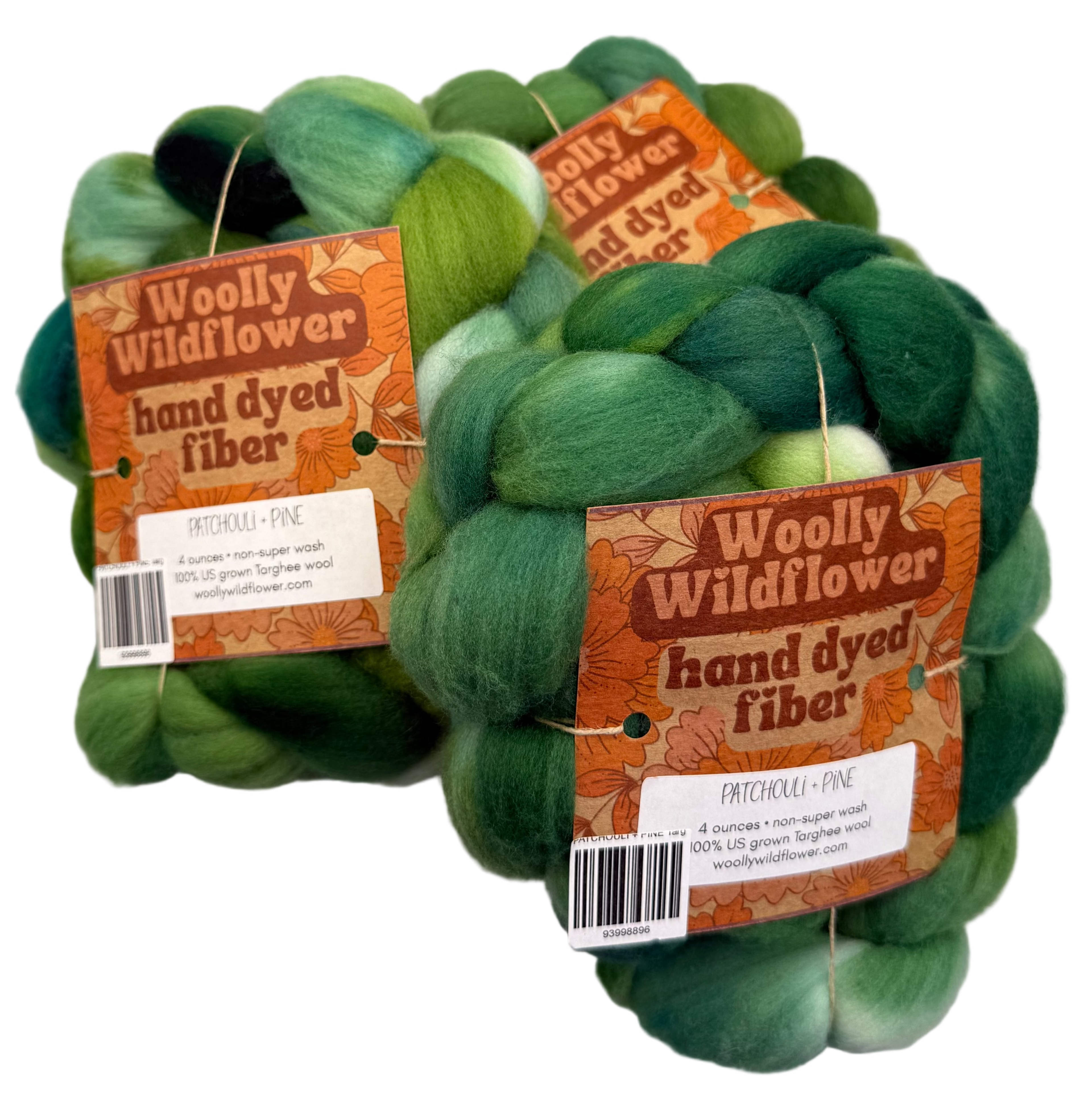 Three braids of green hand-dyed fiber with 'Woolly Wildflower' labels on a light gray background.