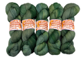 Five skeins of green yarn with orange labels on a white background