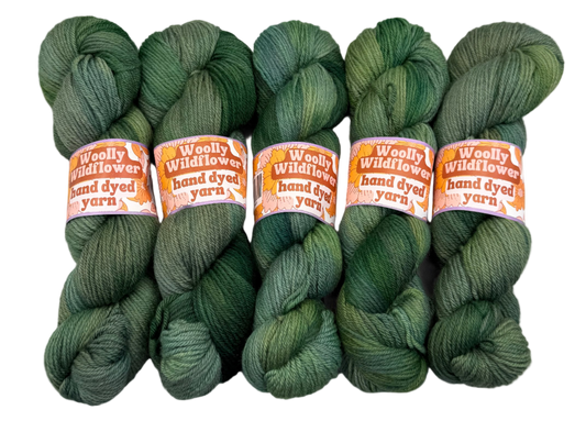 Five skeins of green yarn with orange labels on a white background