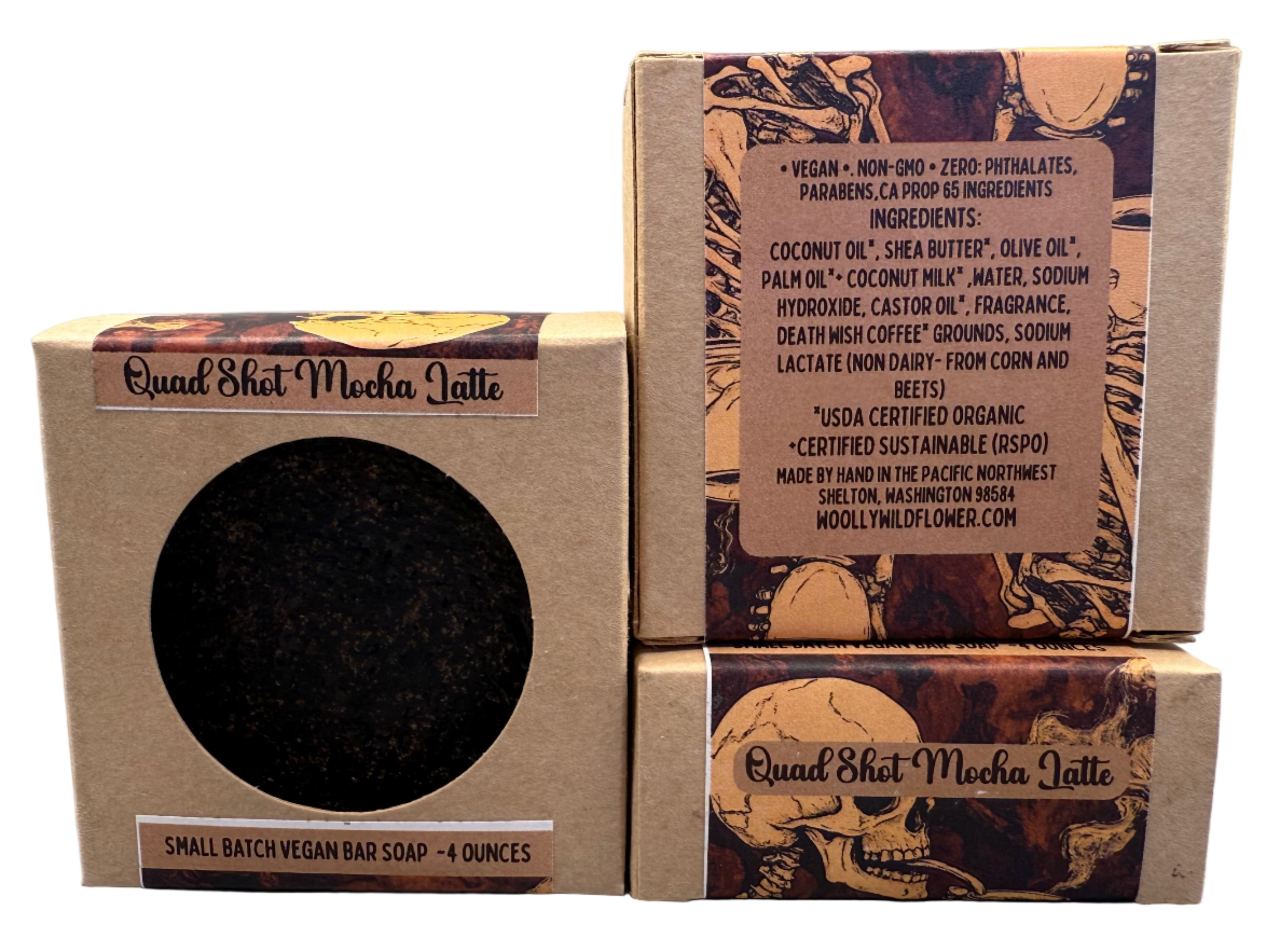 Three cardboard boxes with a soap bar inside on a gray background