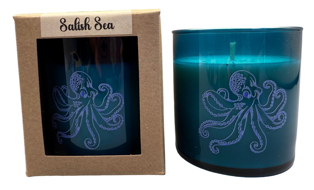 Blue candle with octopus design and packaging labeled 'Salish Sea' on a white background