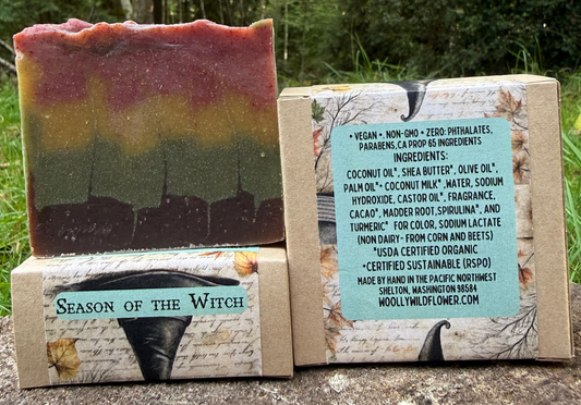 Bar of soap with a label in a natural setting
