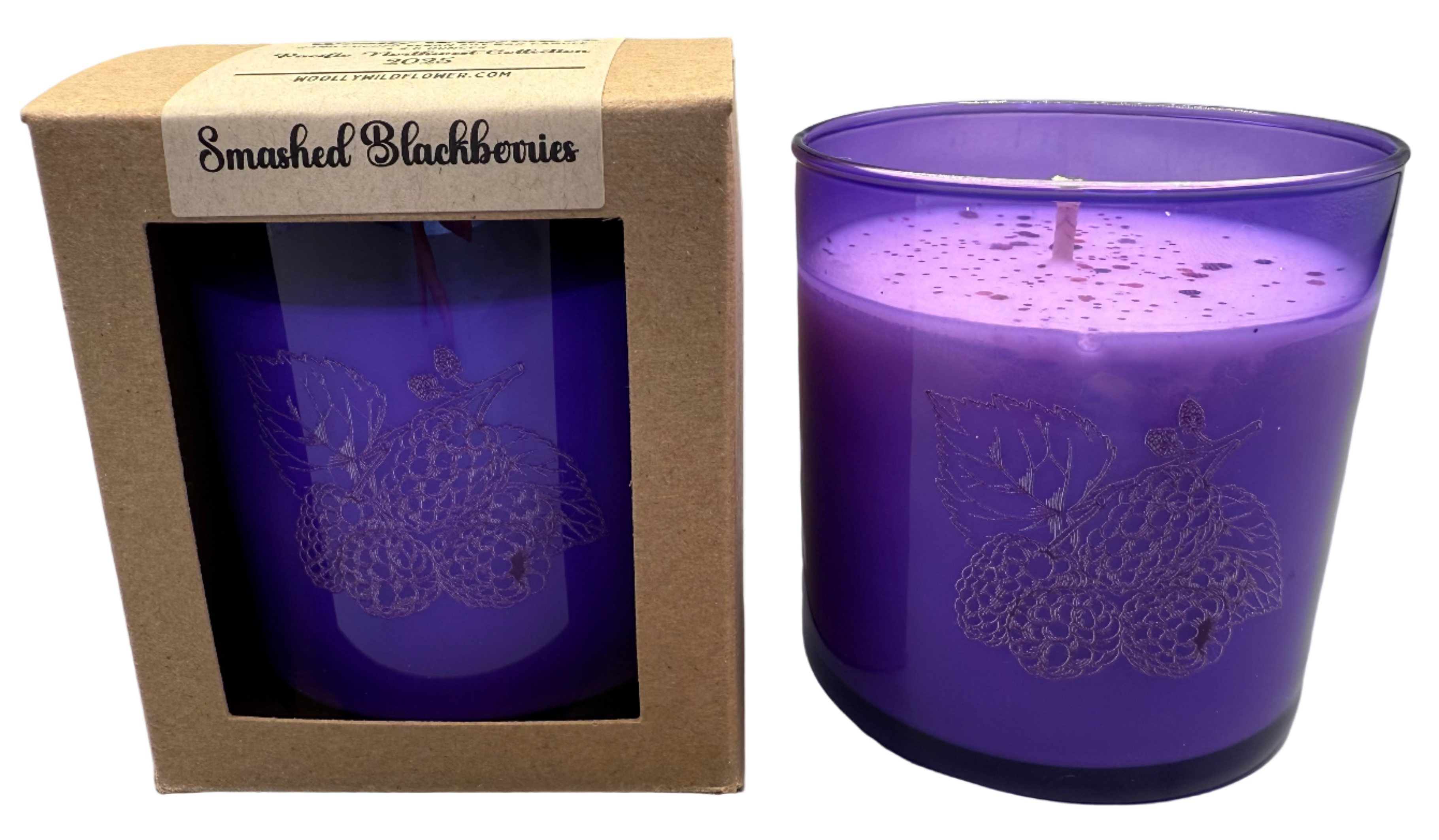 Purple candle in a decorative box with 'Smashed Blackberries' label on a white background