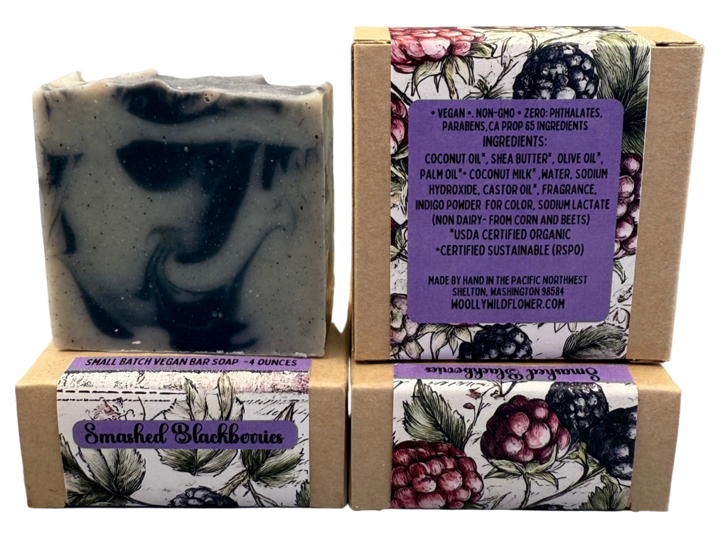Bar of soap with a floral packaging label on a gray background