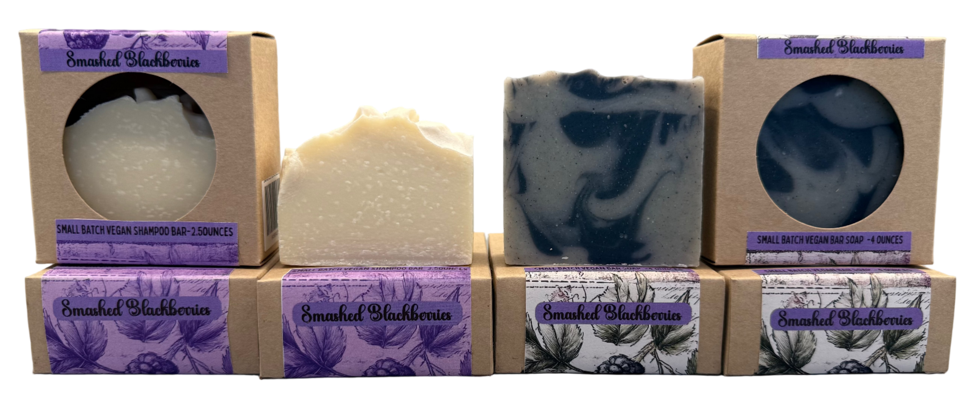 Three soaps with packaging on a gray background