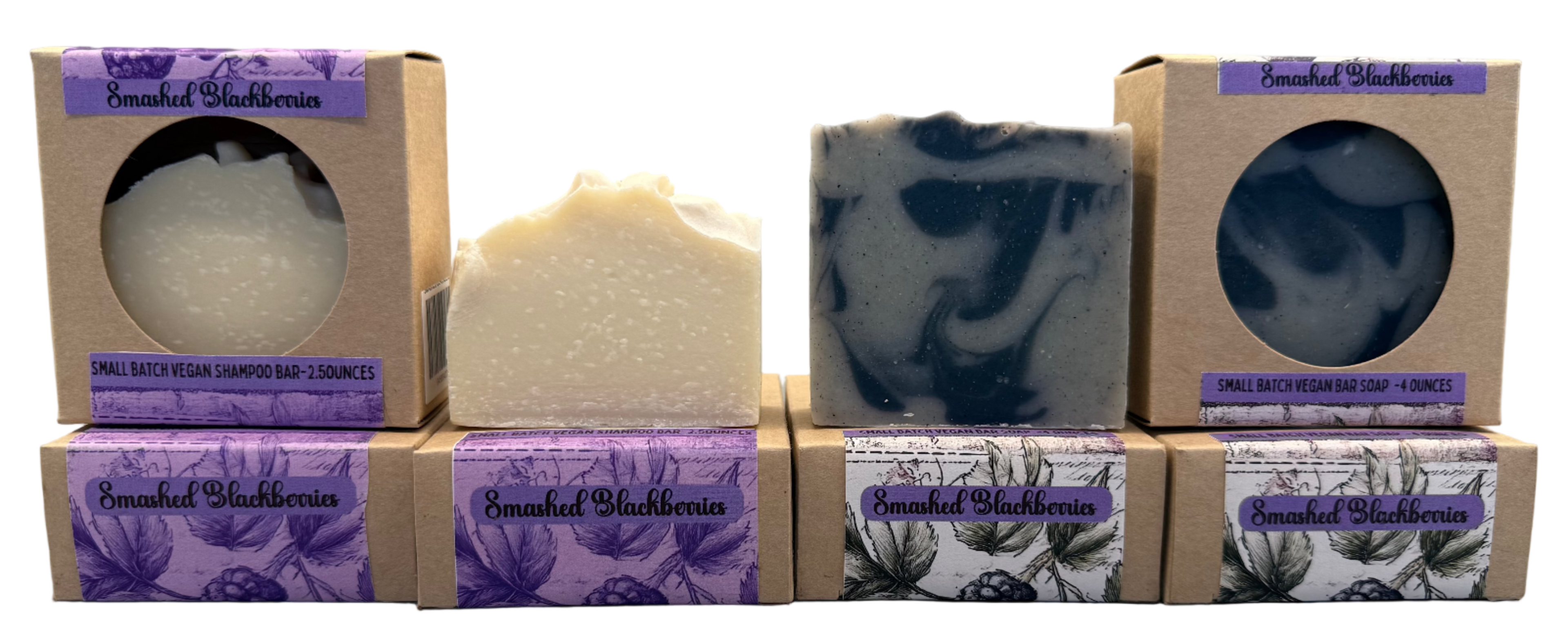Three soaps with packaging on a gray background