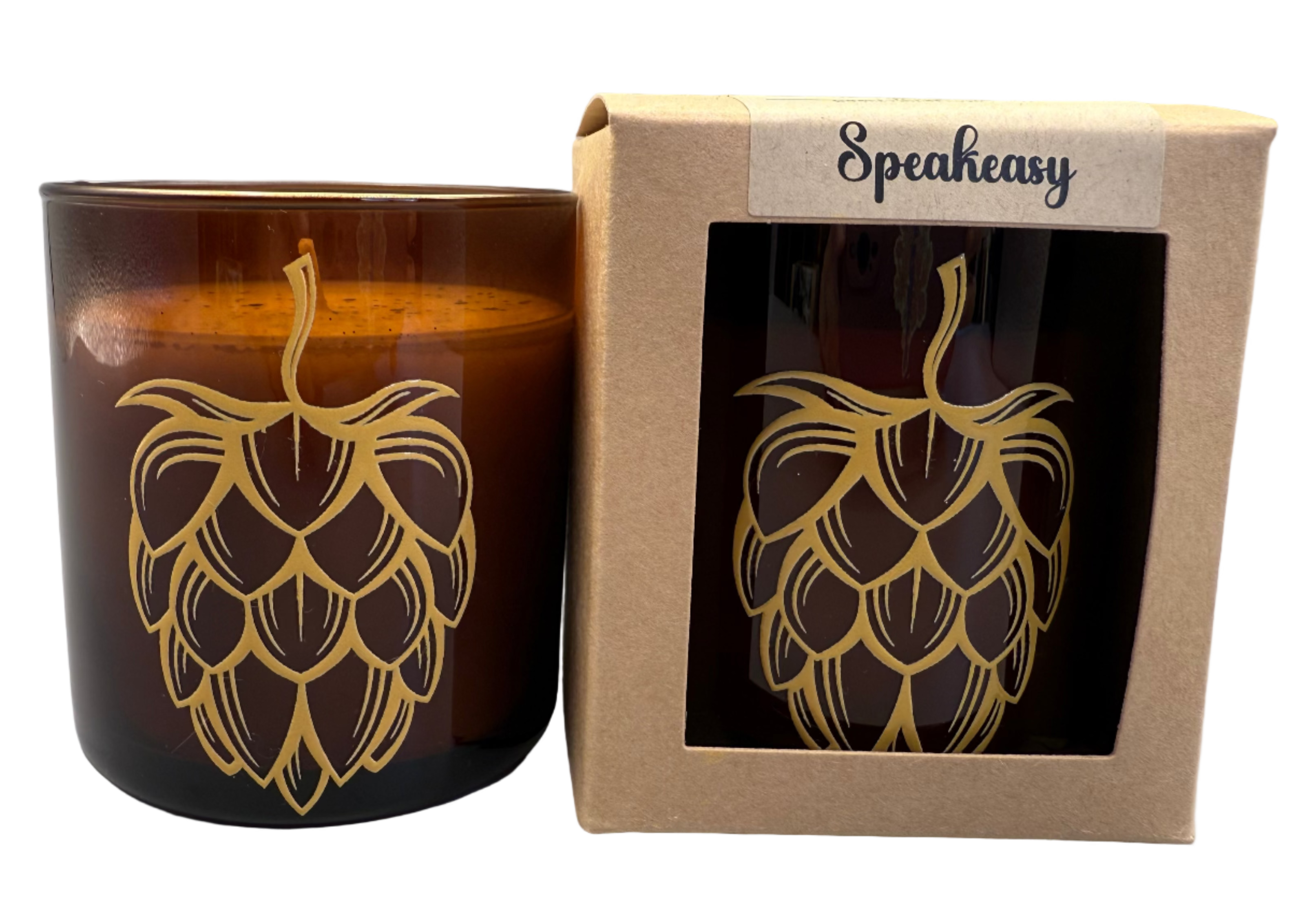 Candle with hop design and Speakeasy packaging on a white background