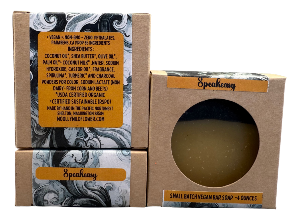 Speakeasy soap in a cardboard box with decorative label on a gray background